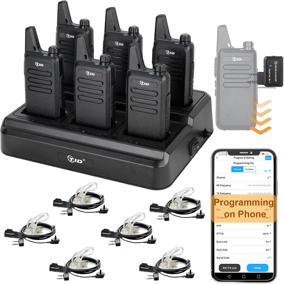 TIDRADIO TD-M8s Radios Walkie Talkies for Adults Long Range,Rechargeable Two Way Radio with Earpieces,6 Way Multi Gang Charger and Wireless Programmer,for School Church Restaurant Business (6 Pack)