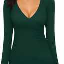 MANGOPOP Women's Cross Wrap Ruched Plunge Sexy Deep V Neck Slim Fit Long Sleeve Fleece Lined T Shirt Tunic Tops Tee (Green, M)