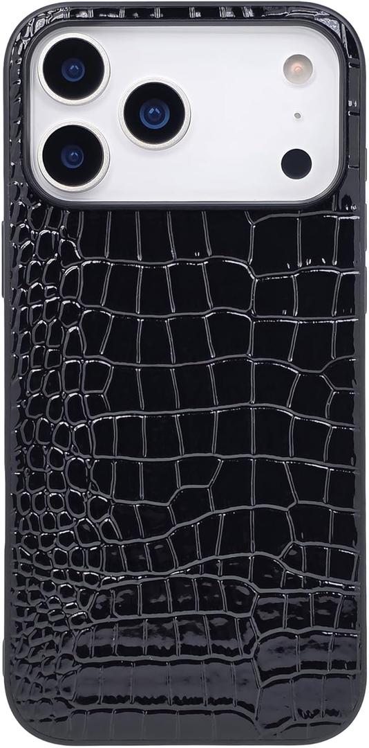 Compatible with iPhone 17 Pro Max Case for Women, Crocodile Synthetic Patent Leather Cover, Classic Fashion for iPhone17 Pro Max 2025 6.9 Inch - Black