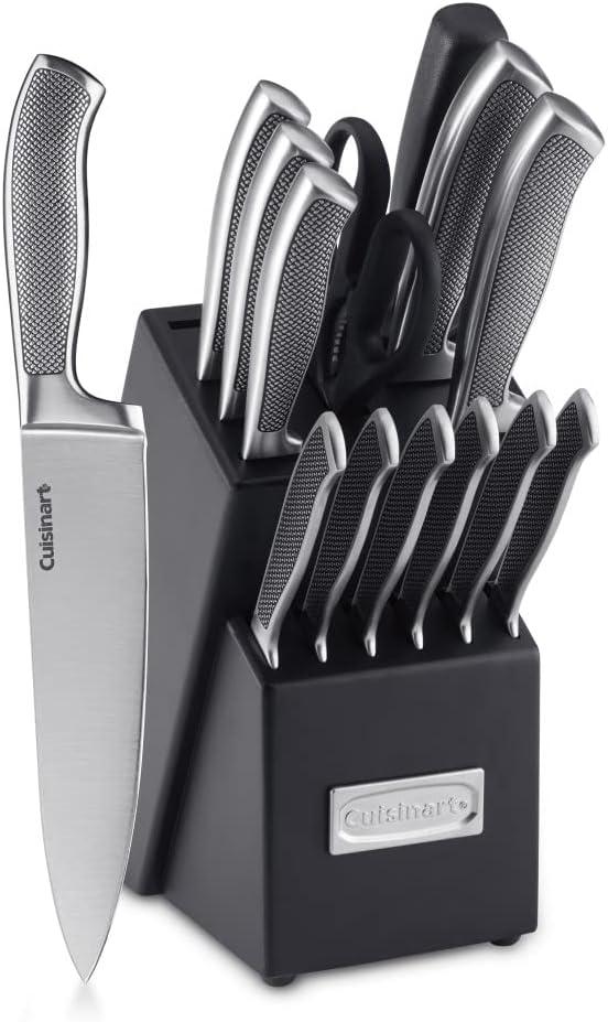 CUISINART Block Knife Set, 15pc Cutlery Knife Set with Steel Blades for Precise Cutting , Lightweight, Stainless Steel, Durable & Dishwasher Safe,C77SS-15P (8")