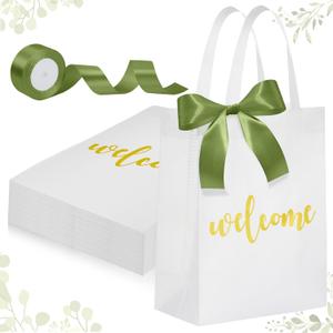 party greeting 50 Pack Non-woven Welcome Gift Bags with Handles White Wedding Bags with 2 Rolls of Sage Green Ribbon Party Favor Bag Suitable for Parties Birthdays Weddings