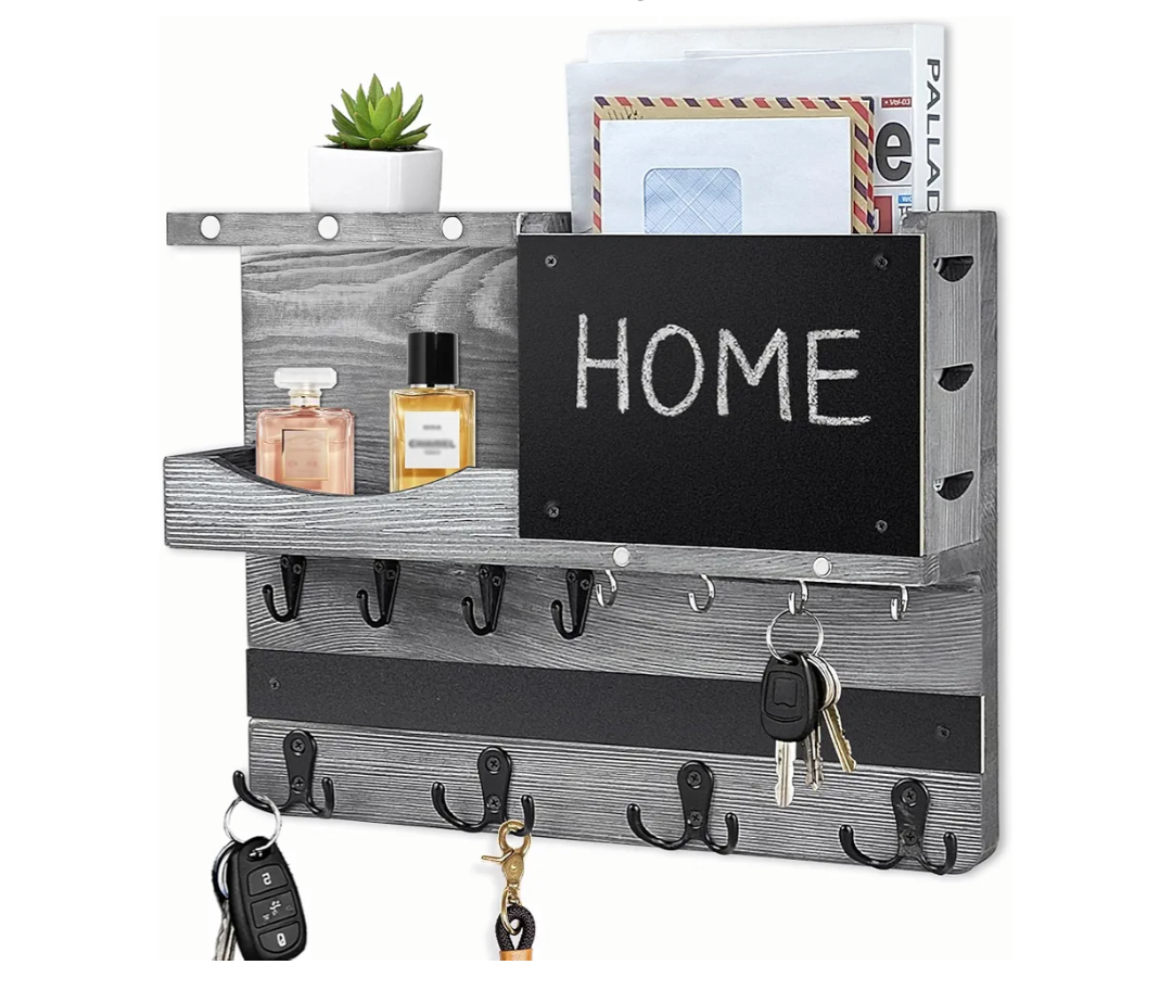Key Holder for Wall Mount with Shelf and Mail Organizer, Key and Mail Holder with 16 Hooks, Farmhouse Entryway Organizer, Home Decor Rack(Pine Wood, Washed Gray)