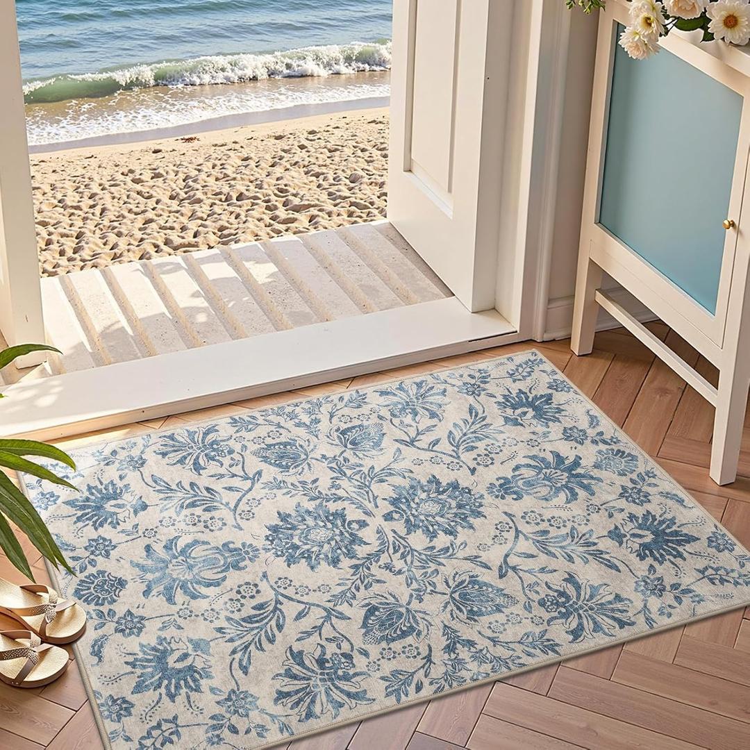jinchan Torino 2x3 Washable Rugs for Entryway, Vintage-Inspired Floral Design Non-Slip Low-Pile Doormat, Ultra-Thin Indoor Traditional Accent Carpet for Entrance Kitchen Bathroom Bedroom, Dark Blue