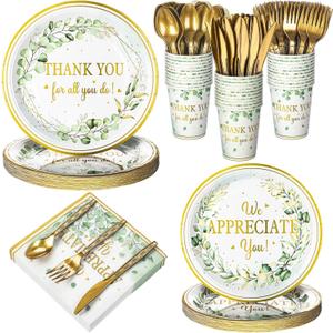 Yungyan 252 Pcs Sage Green Thank You Party Tableware Set Thank You for All You Do We Appreciate You Plates Napkins Cups Cutlery for Employee Teacher Graduation Appreciation Party 36 Guests