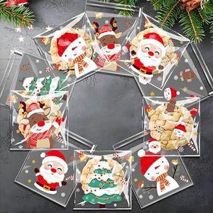 100Pcs Christmas Cellophane Treat Bags - Self Adhesive Clear Cookie Bags, Self Sealing Transparent Cello Candy Bags, Self-adhesive Plastic Goody Snacks Gift Bags for Christmas Party Favors
