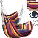 Halalona Hammock Chair Hanging Hammock Chair Rope Swing 2 Cushions Included-Sturdy & Durable Soft Cotton Hand Woven Hammock Swing for Bedroom, Porch, Patio-Indoor/Outdoor (Rainbow)