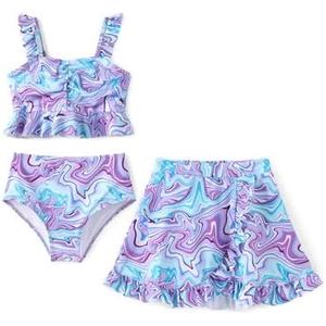 PATPAT Girl's Swimsuits 3 Piece Floral Print Ruffled Bikini Sets Bathing Suit with Cover Up Beach Skirt Summer Beachwear 5-6 y