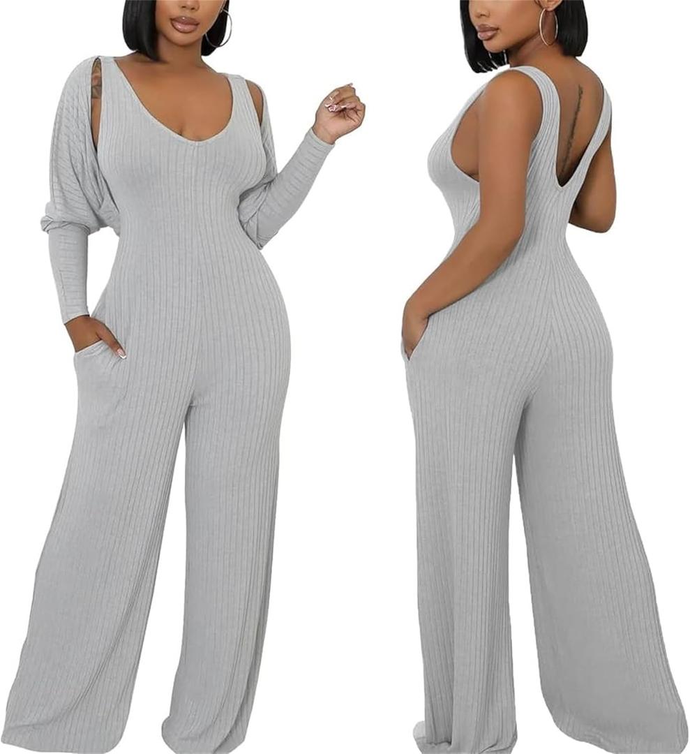 Women's Casual 2 Piece Outfits Ribbed Knitted Batwing Long Sleeve Cardigan Tank Wide Leg Jumpsuits Sets With Pocket, XL
