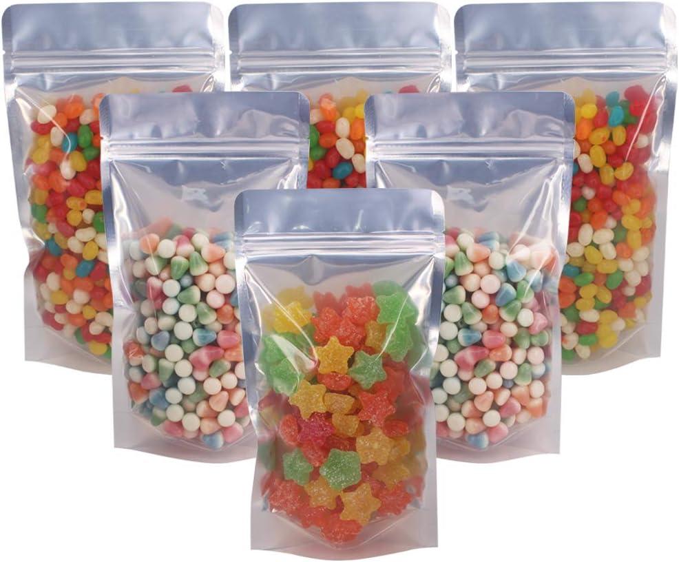 100 Pack 5.5 x 10 Inch Stand Up Pouch Bags Zipper Mylar Bags Clear Front with Aluminum Foil Back Reusable Food Storage Bag for Multipurpose with Gusset Bottom(5.5mil Thickness)