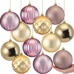 Syhood 12 Pcs 4 Inch Large Valentine Ball Ornament Christmas Tree Decoration Plastic Ornament Set Hanging Xmas Tree Ball for Xmas Holiday Wedding Party(Rose Gold,Gold)
