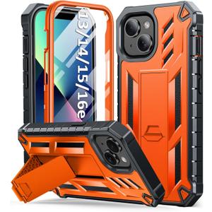 SOiOS for iPhone 13/14/15 Phone Case: for iPhone 16e Protective Cover with Built-in Kickstand | Heavy Duty Military Grade Hard Protection Shock Proof | Durable Dual-Layer Design Orange