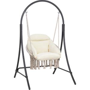 ANOW Macrame Hammock Chair with Stand, Heavy Duty Hanging Chair Stand with Swing Chair, Includes Luxury Padded Cushion, Max 400 Lbs, Natural