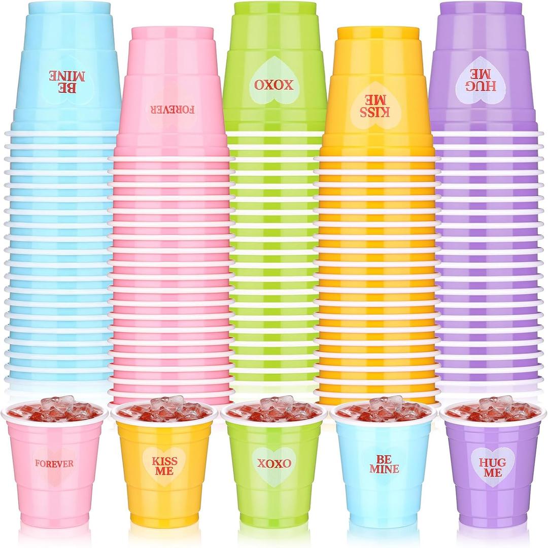 Yinkin 100 Pcs 2 oz Valentine's Day Cups Bulk Mini Conversation Heart Cups Small Plastic Candy Heart Shot Glasses with Stickers Valentine's Day Drinkware for Wedding Birthday Party Supplies