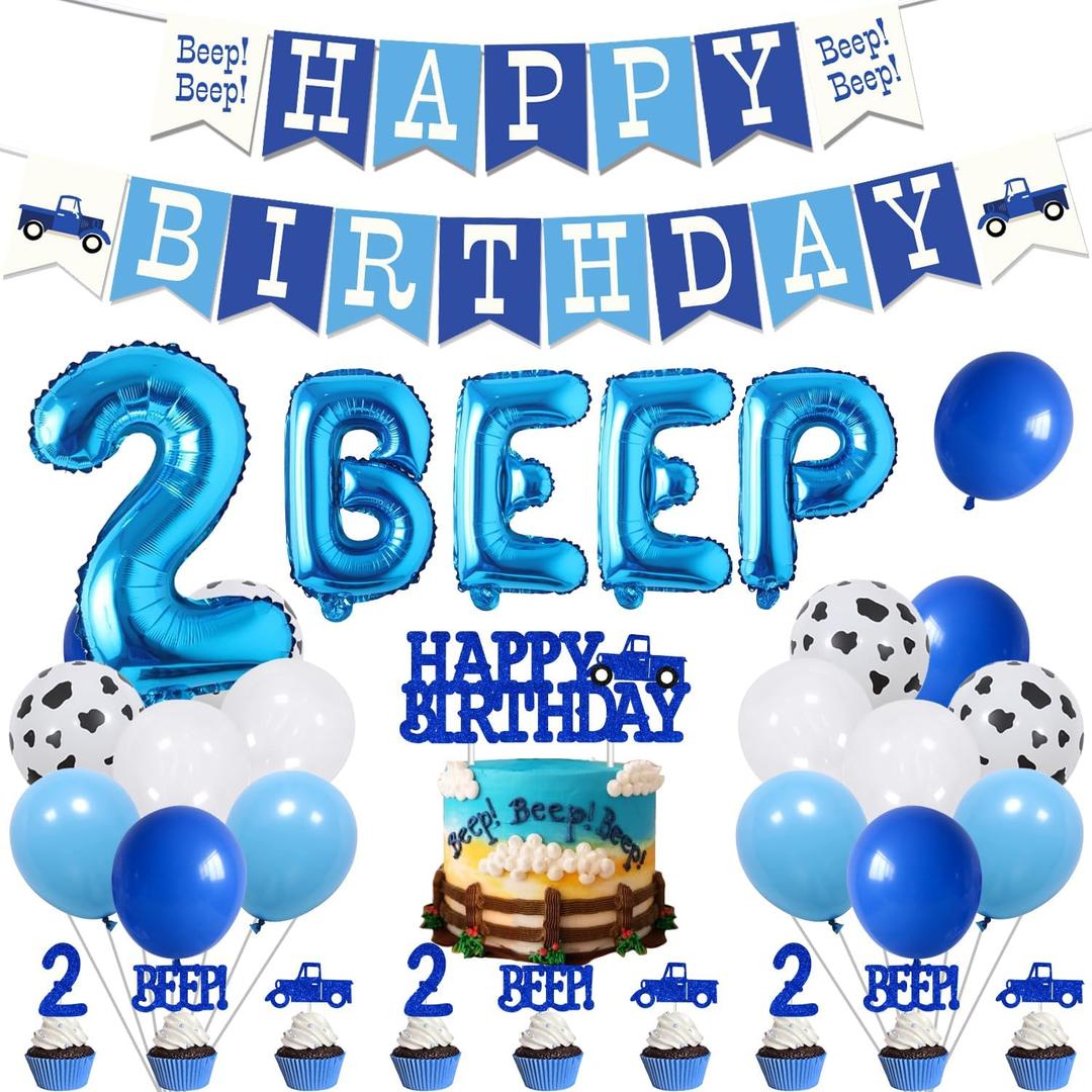 55Pcs Little Blue Truck 2nd Birthday Party Decoration Beep Beep Happy Birthday Banner Blue Truck Cake Topper Beep Two Cupcake Toppers Latex Balloons for Boys Girls Two Birthday Party Decor Supplies