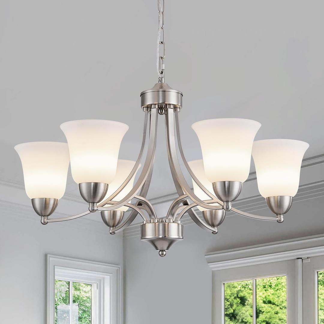 6 Lights Brushed Nickel Dining Room Light Fixture Farmhouse Modern Chandelier Pendant Light Silver Adjustable Ceiling Hanging Lighting with Frosted Glass for Kitchen Island Living Room Foyer, Large