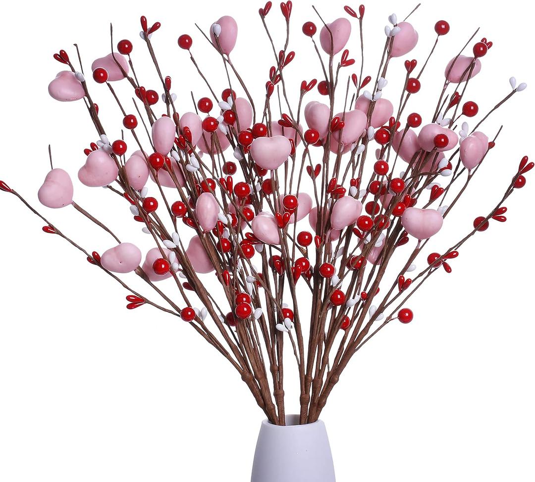 J'FLORU Valentines Day Decorations 6 Pack Valentines Day Picks Berry Stems with Pink Hearts for Valentine Decor Anniversary Wedding Decorations (Red/Pink)