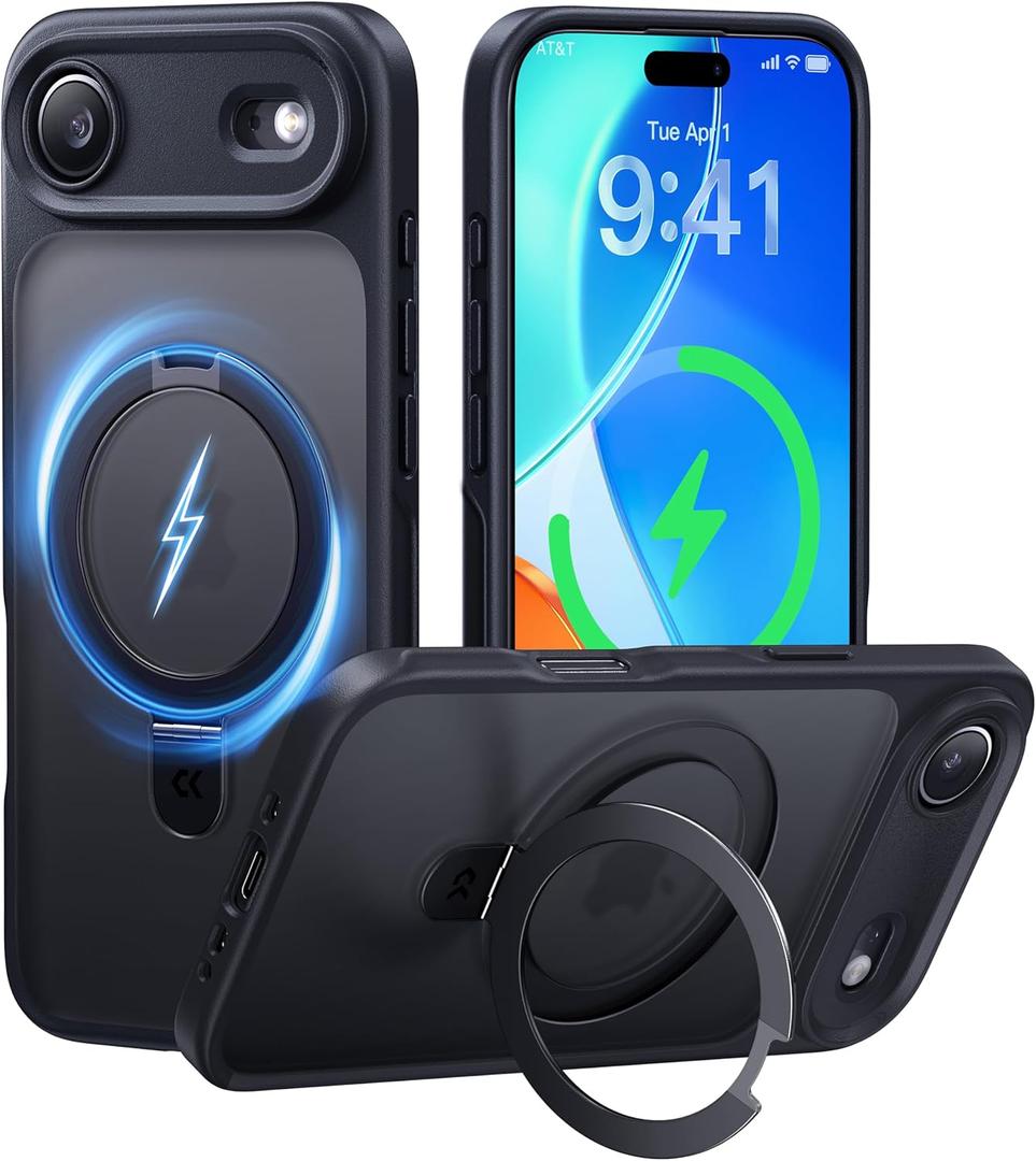 CASEKOO Ultra-Magnetic Stand for iPhone Air Case [Military Drop Protection] [Compatible with MagSafe] Shockproof Translucent Matte Slim Ring Holder Case for iPhone 17 Air Phone Cover 6.5", Black
