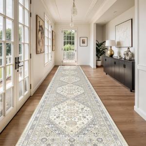 Washable Runner Rug 2.5x14, Non-Slip Long Kitchen Mats for Floor, Vintage Rug for Entryway, Soft Hallway Runner for Dining Room, Bedroom, Living Room (Beige,2.5'x14')