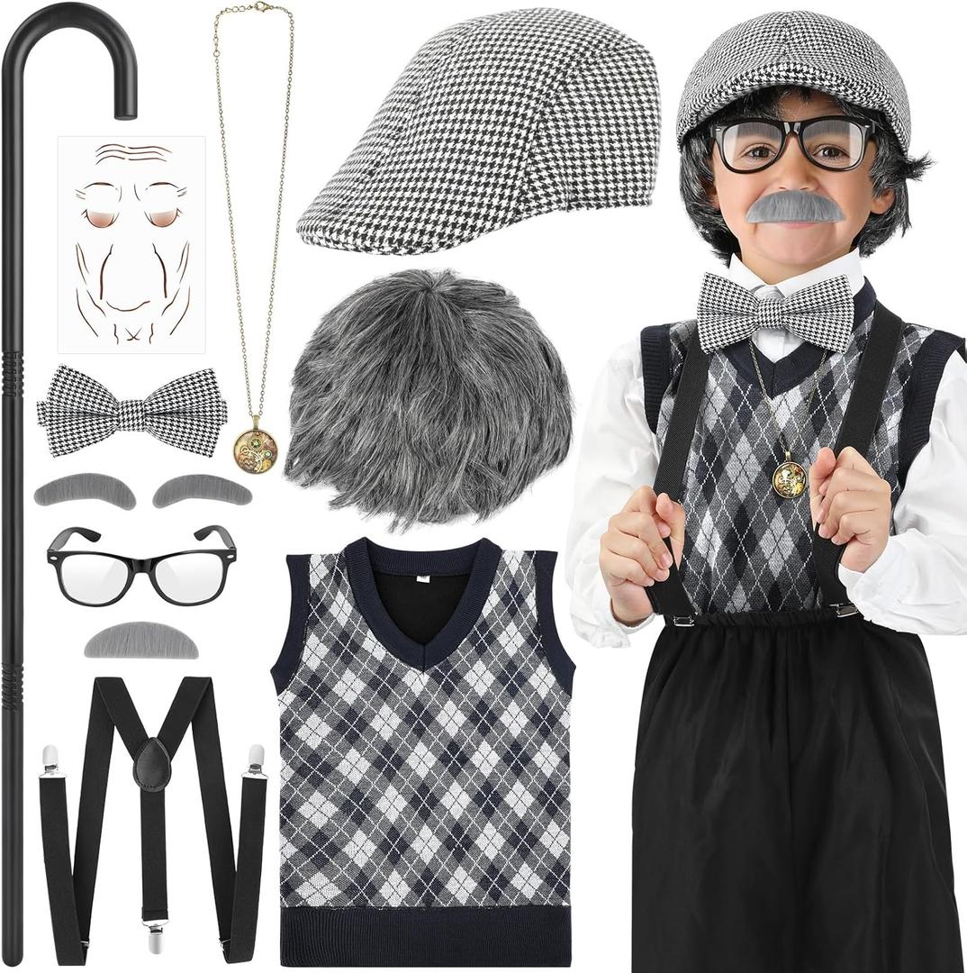 Joycover Old Man Costume For Kids Boys 100 Days Of School Costume Grandpa costume for kids With Real accessories (S(5-7Y))