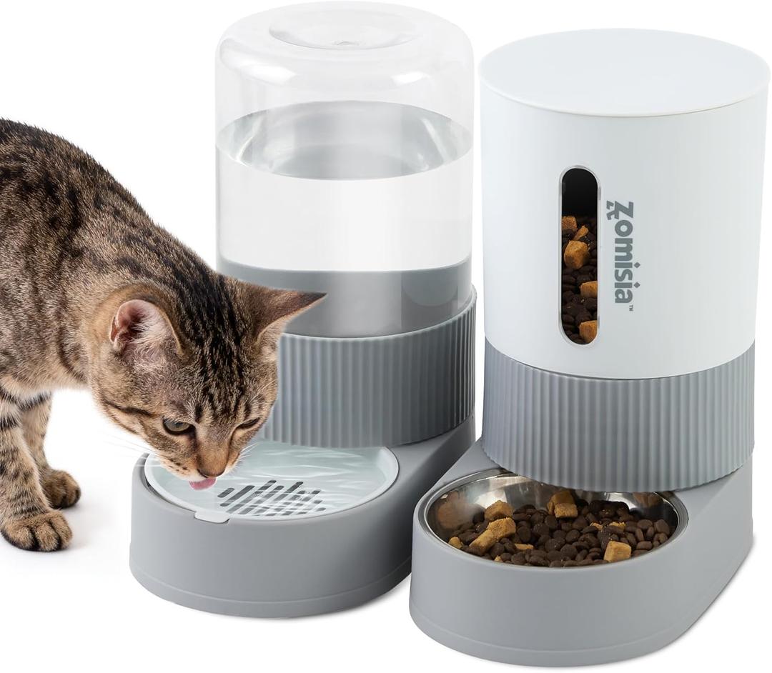 Gravity Cat Feeder and Water Dispenser - Automatic Cat Food and Water Dispenser with Stainless Steel Bowl, 2 Pack Pet Self Feeding for Small Dog Puppy Kitten, 2.4L Dry Food and 2.6L Water (Grey)