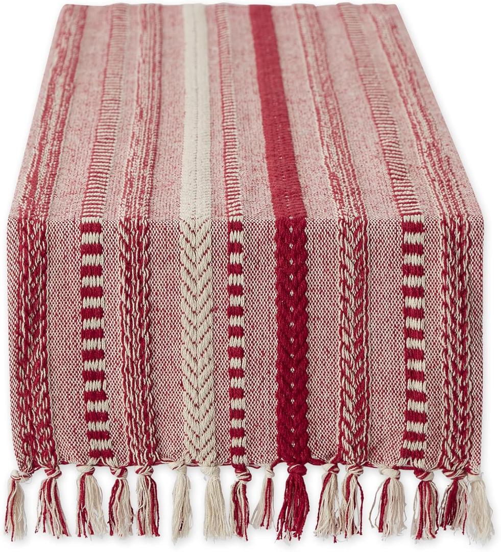 DII Farmhouse Braided Stripe Table Runner Collection, 15x108 (15x113, Fringe Included), Wine