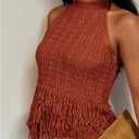 SweatyRocks Women's Boho Fringe Halter Tops Sleeveless Open Back Summer Knit Crochet Tank Top (Brown, M)