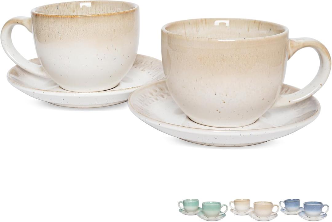 Bosmarlin Ceramic Cappuccino Cup and Saucer Set of 2, 10 Oz, Dishwasher and Microwave Safe, Coffee Cups for Latte, Espresso, Tea, Reavtive Glaze (Brown)