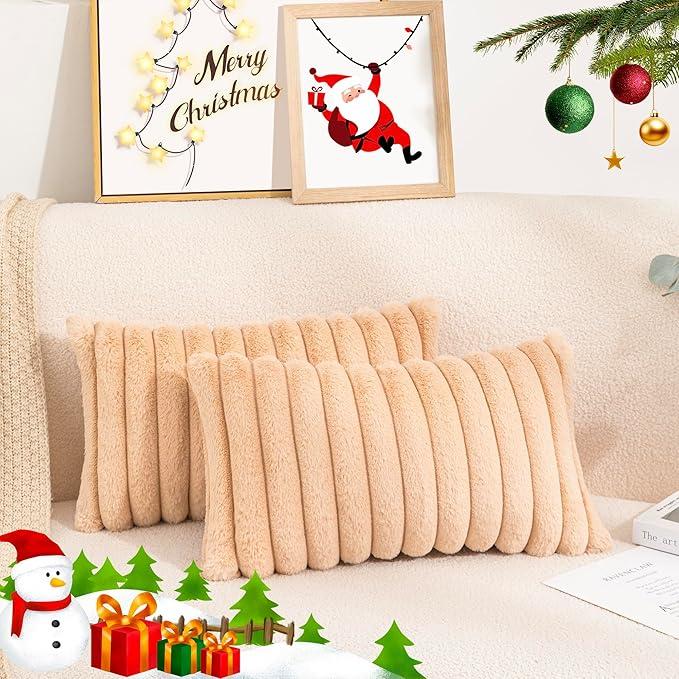 Uhomy Faux Fur Plush Throw Pillow Covers 12x20 Pack of 2 Luxury Super Soft Fluffy Striped Decorative Pillow Covers for Sofa, Bed, Couch, Living Room, Camel-Brown 30x50 cm