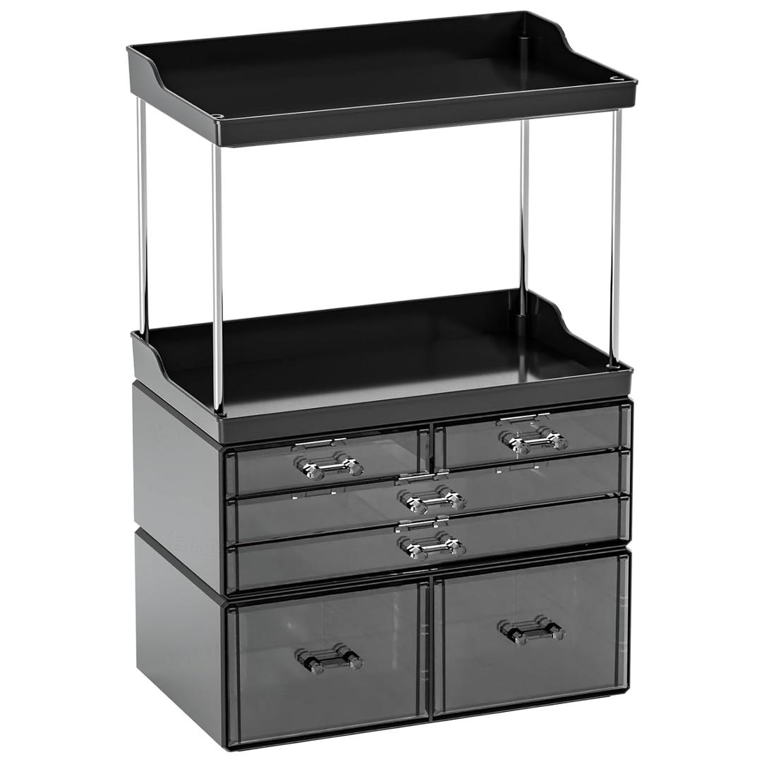 Yieach Bathroom Counter Organizers and Storage,Black Acrylic Makeup Organizers with Drawers for Vanity,Bedroom,Plastic Skincare Organizer for Dresser Top Beauty,Cosmetic,Lotion and Perfume Organizer