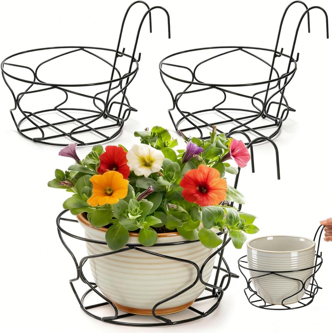 Noamus 3 Pack 10" Hanging Railing Planters Basket, Round Iron Rack Fence Shelf, Metal Wire Flower Pot Holder, Plants Hangers with Detachable Hook for Balcony Garden Indoor and Outdoor (Black)