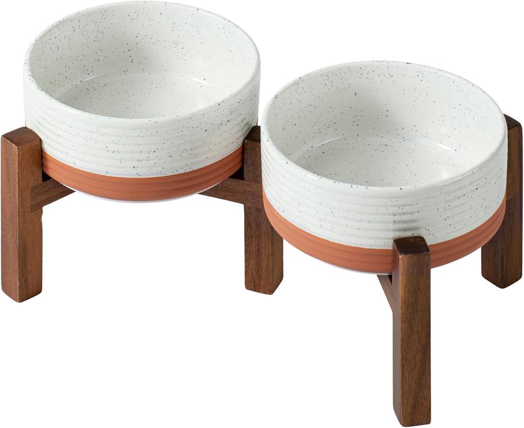 Havniva 6.1" Elevated Dog Bowls Ceramic Raised Dog Bowl with Non-Slip Stand (Acacia Wood) Two Height Options, Dog Food & Water Bowl for Small & Medium Breed Dogs - 3.4 Cups 27 oz