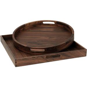 Set of 2 Large Black Walnut Wood Ottoman Tray with Handles, Serve Tea, Coffee, Classic Wooden Decorative Serving Tray (19 inch Square &18 inch Round)