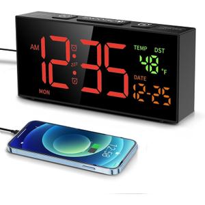 Netzu Alarm Clocks for Bedrooms, Digital Alarm Clock with Date Temperature and Weekday, Manual DST, Snooze, 2 Alarms, 4 Volumes for Living Room Home Bedside Desk (Black and Red)