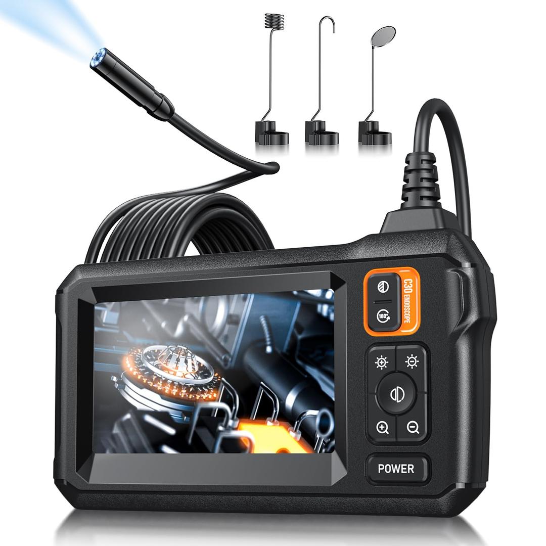 Endoscope Camera with Light, Inspection Borescope Camera with 4.3" IPS Screen, 1920P HD with 8 LED Lights, 10FT Semi-Rigid Cord Bore Scope, IP67 Waterproof Endoscope for Sewer, Tools(Orange)