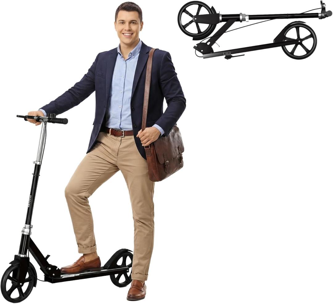 Non-Electric Scooters for Kids 8-12, Teens & Adults - Foldable Commuter Scooter with 8" Wheels, Bell, Hand Brake & Adjustable Height 30"-40.5", 220LB Capacity, Manual Push Scooter for Campus & Park