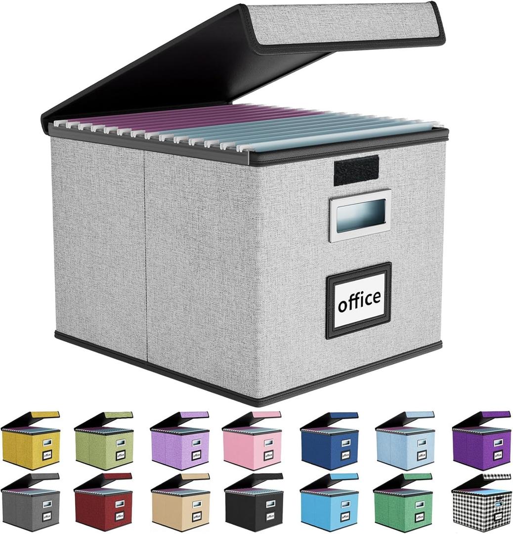 Huolewa Upgraded Portable File Organizer Box with Lid, Collapsible Linen Hanging Filing Storage Boxes with Plastic Slides, Decorative Home/Office Filing System Box for File and Folders Storage (Gray) (Grey)