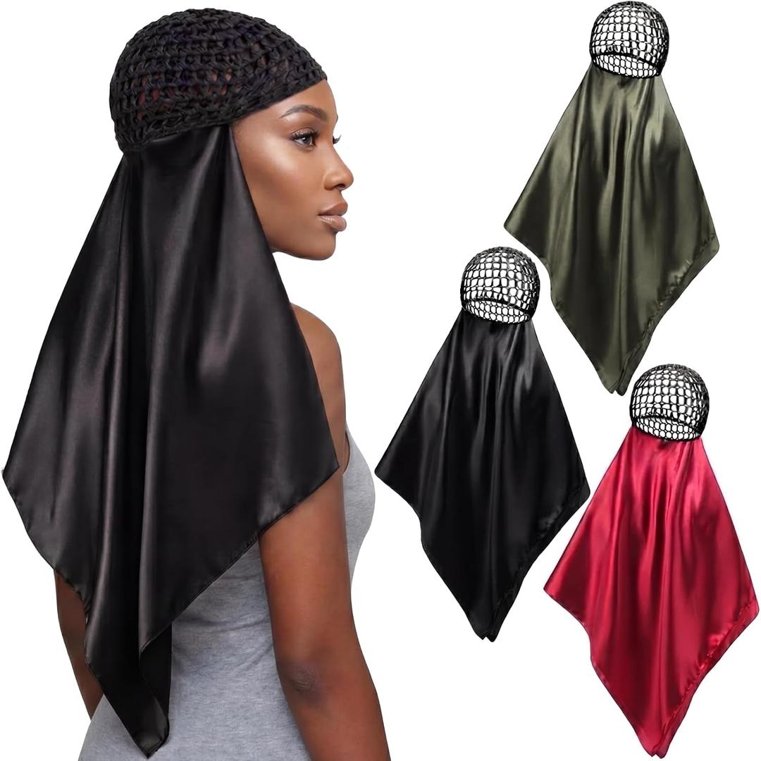 3 Pcs Wrap Hair Net with Scarf, Women Silk Press Doobie Hair Wrap Netted Scarf 2 in 1 Easy-to-use for Silk Press & Nighttime Care, Sleep & Shower Cap(Classic Minimalist,Red Black Green)