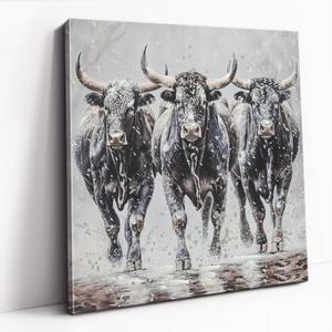 DRLWGTY Powerful Running Bulls Canvas Painting Wall Art, 24×24 in Cool Animal Power Painting with Silver Glitter Texture Details for Living Room Bedroom Decor, Ready to hang