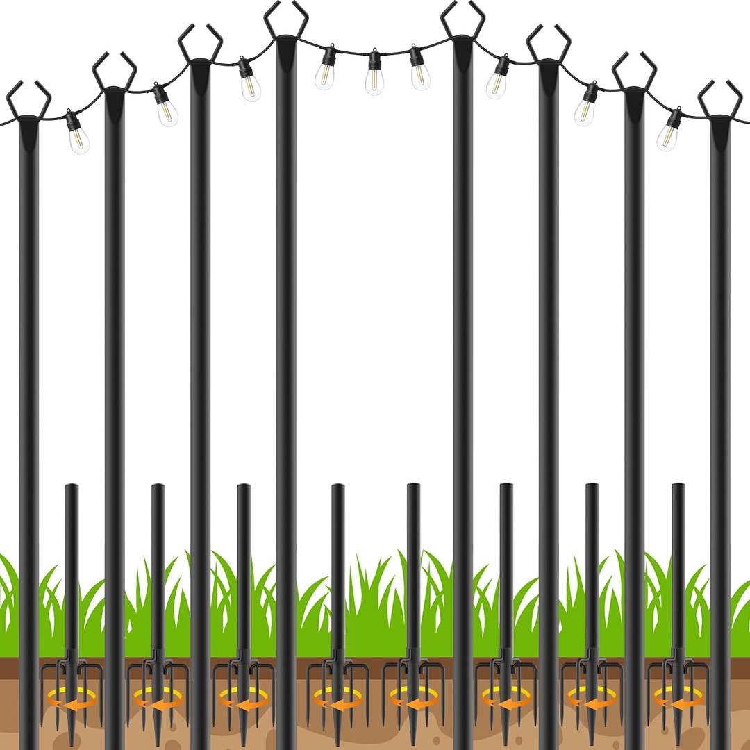 AHRLHR 8 Pack String Light Poles, Outdoor String Light Pole 10 ft Forked Metal Light Pole with Adjustable Outdoor Light Stand, Deck, Backyard, Garden, Wedding, Rustproof and Sturdy with Hooks.