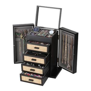 Jewelry Organizer, Rattan Jewelry Box, 5 Layer Wooden Jewelry Organizer Box with Mirror, Jewelry Boxes with 4 Drawers for Women Men, Black Jewelry Storage for Rings Earrings Necklaces Bracelets Watch