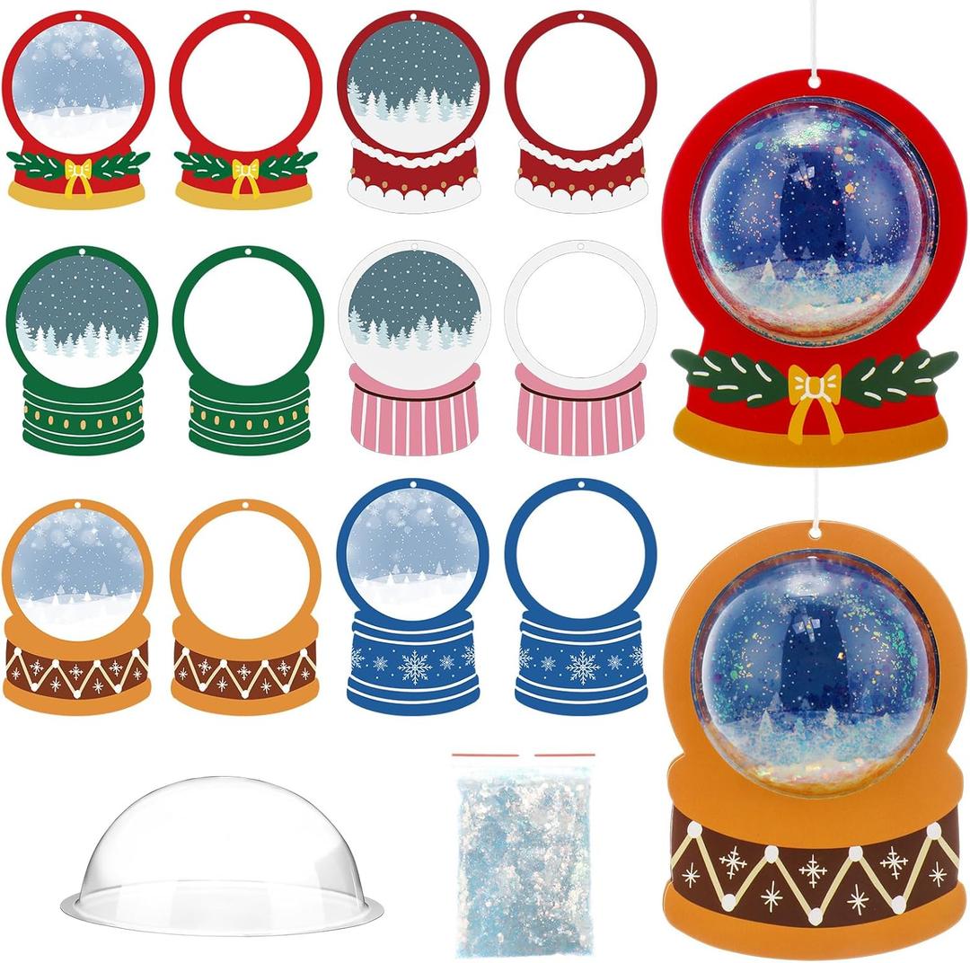 Threehoney 24 Pack Christmas DIY Snow Globe Craft Kit for Kids 3D Shaking Snow Globe Hanging Ornament for Xmas Tree with Glitter Sequins Papers 3D Half Balls and Cards(Mixed Colors)