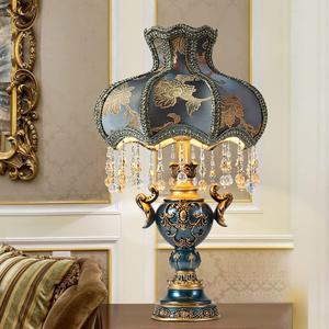 Victorian Style Table Lamp, Antique Flower Decorative Bedside Desk Lamp, Blue Fabric Night Light Elegant Bedside Nightstand Lamps for Bedroom Living Room
