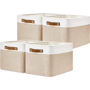 DULLEMELO Fabric Storage Bins for Laundry, Home, Foldable Storage Baskets for Shelves, Toys, Collapsible Storage Bins for Office, Closet, Bedroom(White&Khaki,15"x11"x9.5",4-Pack)