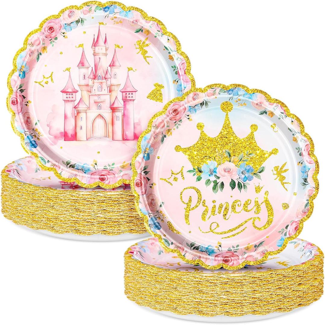 Newtay 50 Pcs Princess Party Plates Gold Edge Tableware Princess Birthday Party Plates for Birthday Decoration Supplies