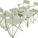 5 Pcs Camping Chair and Folding Camping Table Set, Outdoor Folding Picnic Chairs Lawn Portable Camp Table with Cooler Bag & Cup Holder for Camping, Fishing, Sporting Events, Support 500lbs, Green, 25 inches