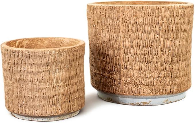 2-Piece Brown Knitted Texture Concrete Planter Set - 6" & 3.9" Indoor Decorative Pots for Plants, Succulents & Flowers | Rustic Farmhouse Home Decor (Non-Drainage Cache Pots)