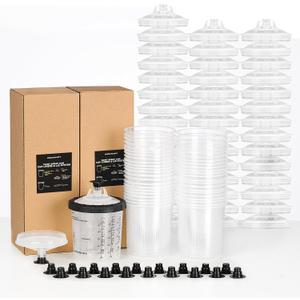 InoKraft Disposable Paint Spray Gun Cup, Paint System for HVLP and LVLP Paint Spray Paint Gun, Standard 22 Ounce (650ml) Kit with 45 Cups and Lids System, 1 Hard Cup with Retainer Ring and 20 Plugs
