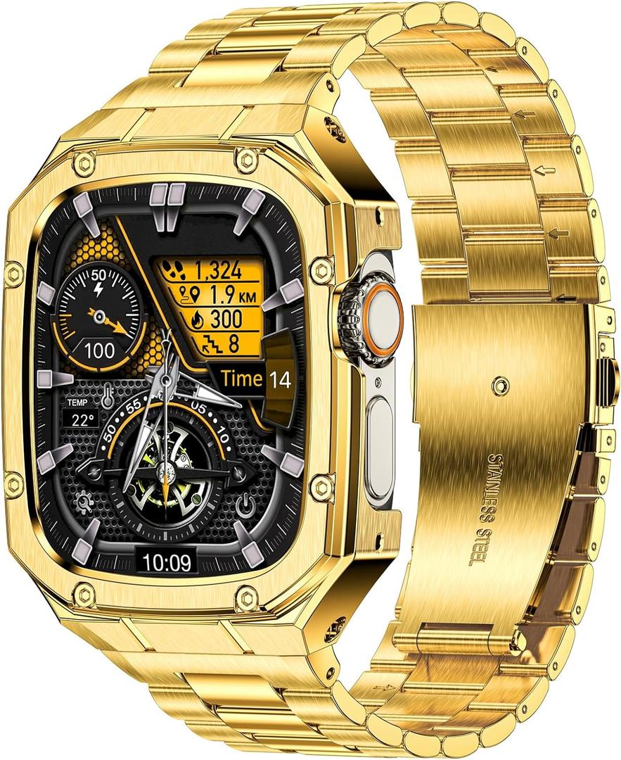 Stainless Steel Watch Band with Case Compatible with Apple Watch Ultra 2 1 band (49mm), Rugged Strap with Metal Protective Bumper Cover for iWatch Bands Men (Gold)