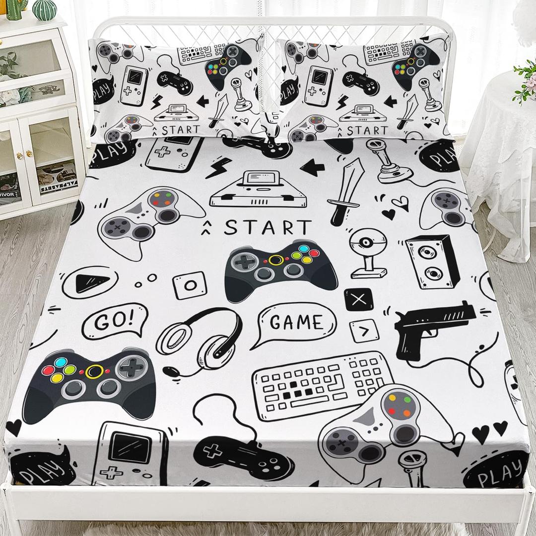 AILONEN Video Game Fitted Sheet Set,Boys Twin XL Bed Sheet Set,Video Gamer Console Joystick Controller Bed Sheet Set,Computer Retro Arcade Play Gaming Sheet Set 3Pcs, 1 Fitted Sheet and 2 Pillowcases