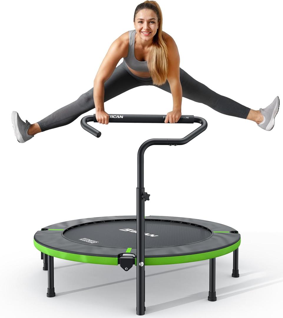 BCAN 48" Foldable Mini Trampoline, Rebounder Trampoline for Adults, T Shape Adjustable Foam Handle, Exercise Rebounder for Adults Indoor/ Garden Workout, Max Load 440lbs